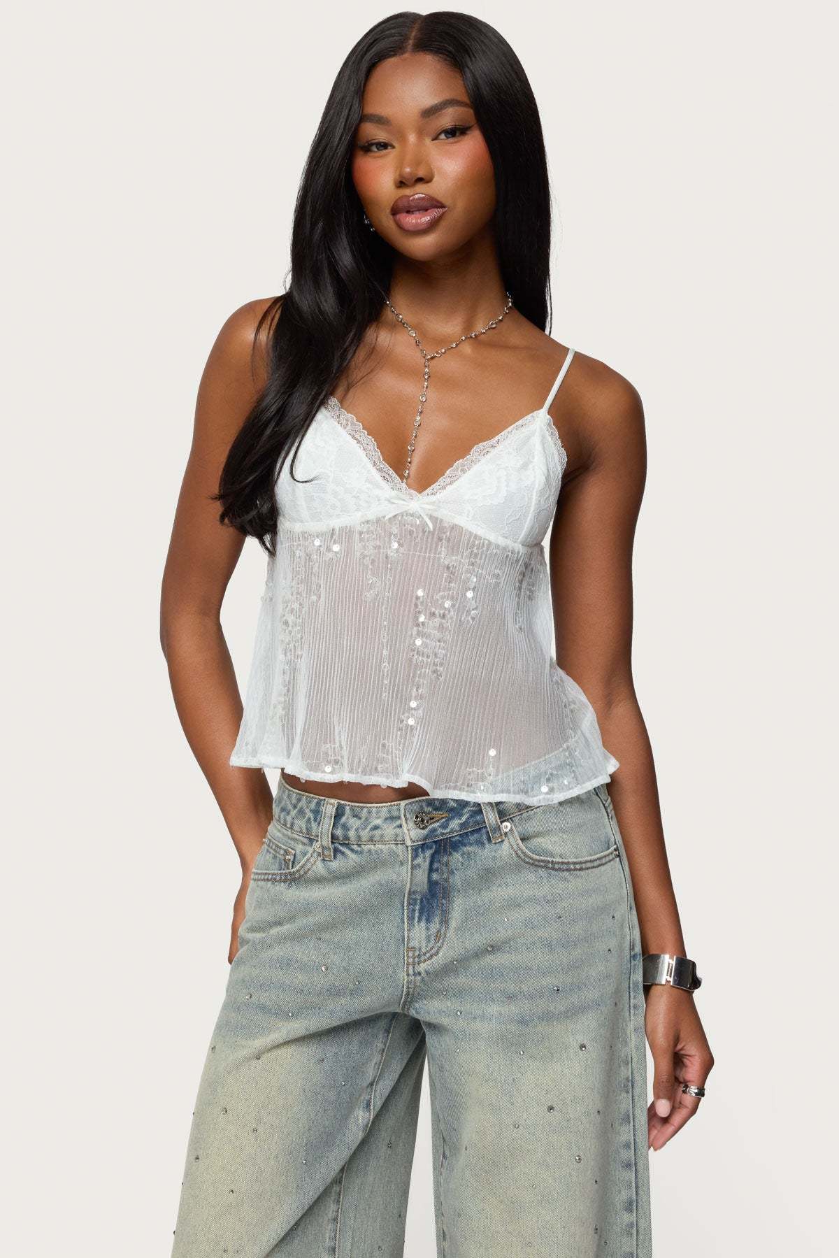 Sequin Sheer Mesh Babydoll Top - WHITE