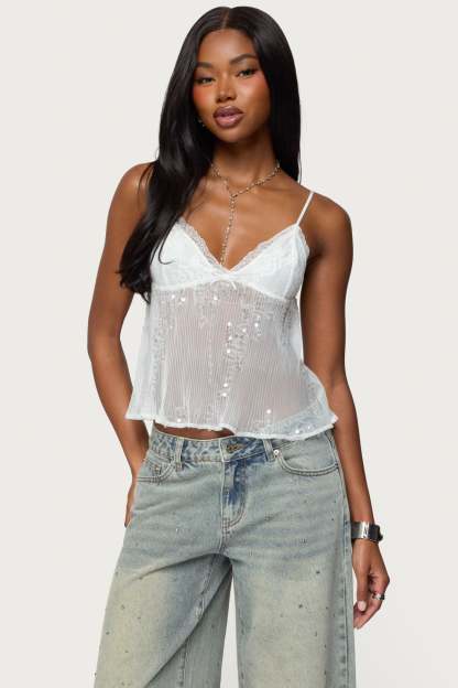 Sequin Sheer Mesh Babydoll Top - WHITE