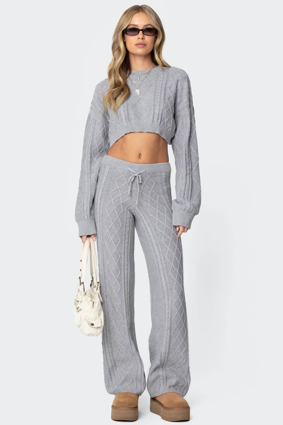 Kasey Cable Knit Cropped Sweater - GRAY MELANGE