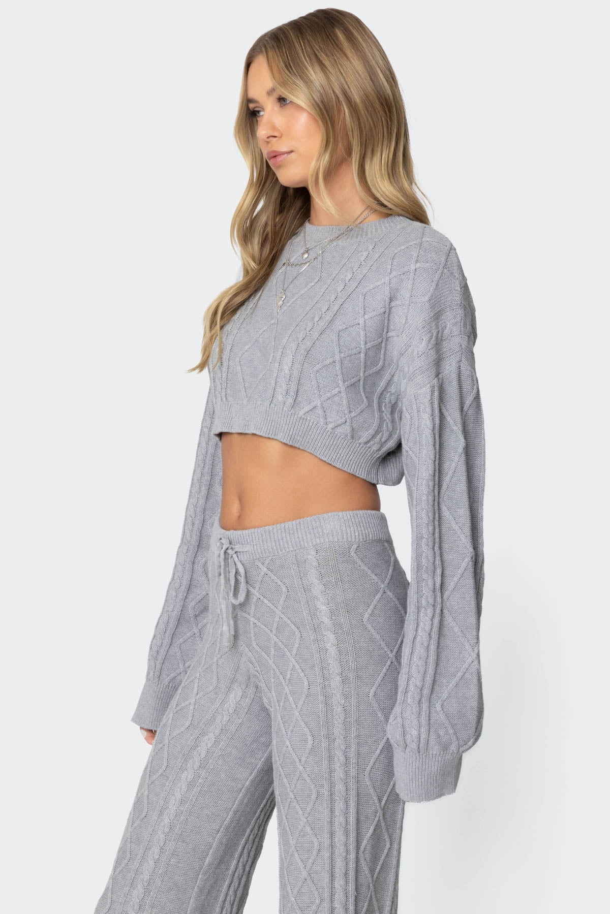 Kasey Cable Knit Cropped Sweater - GRAY MELANGE