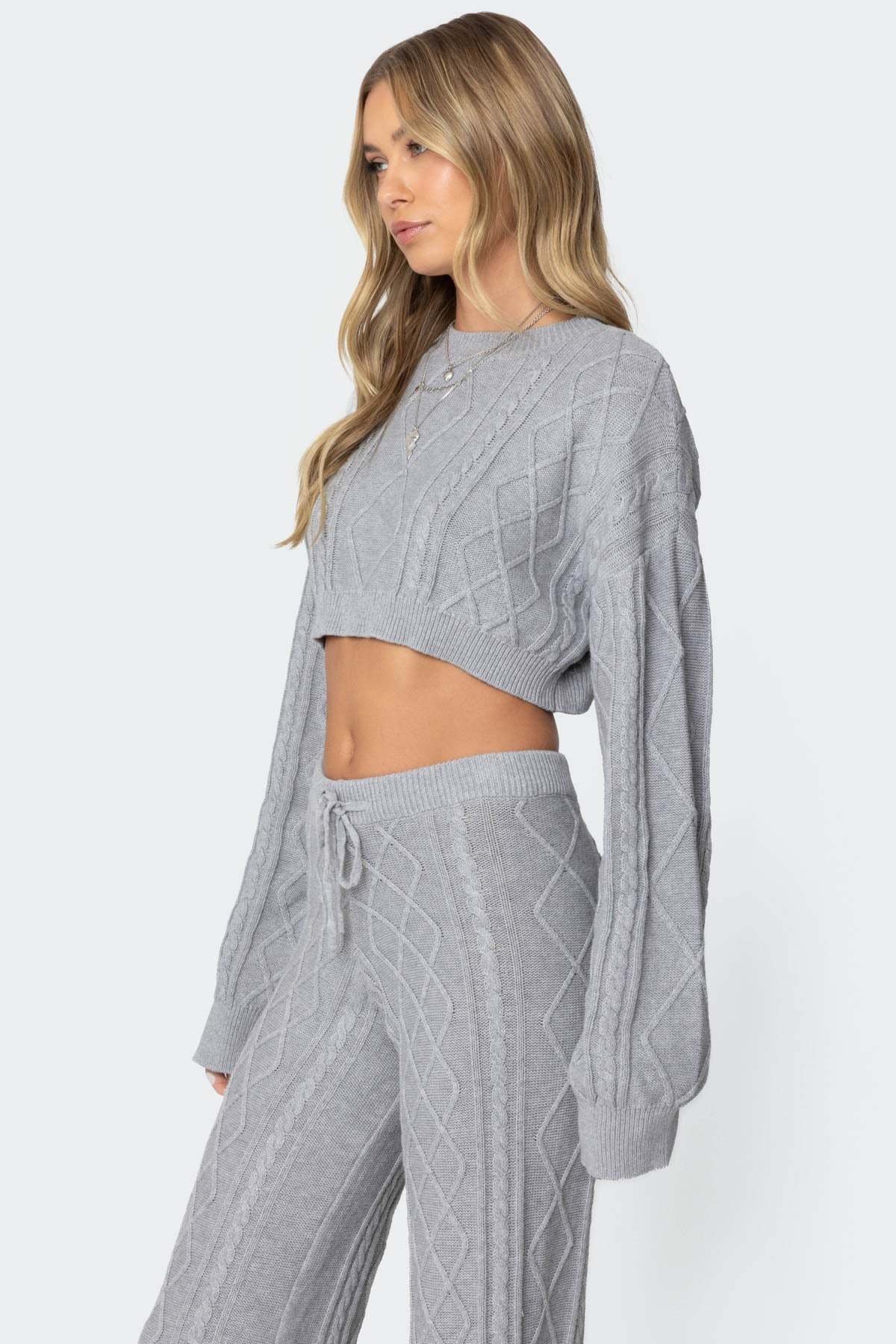 Kasey Cable Knit Cropped Sweater - GRAY MELANGE