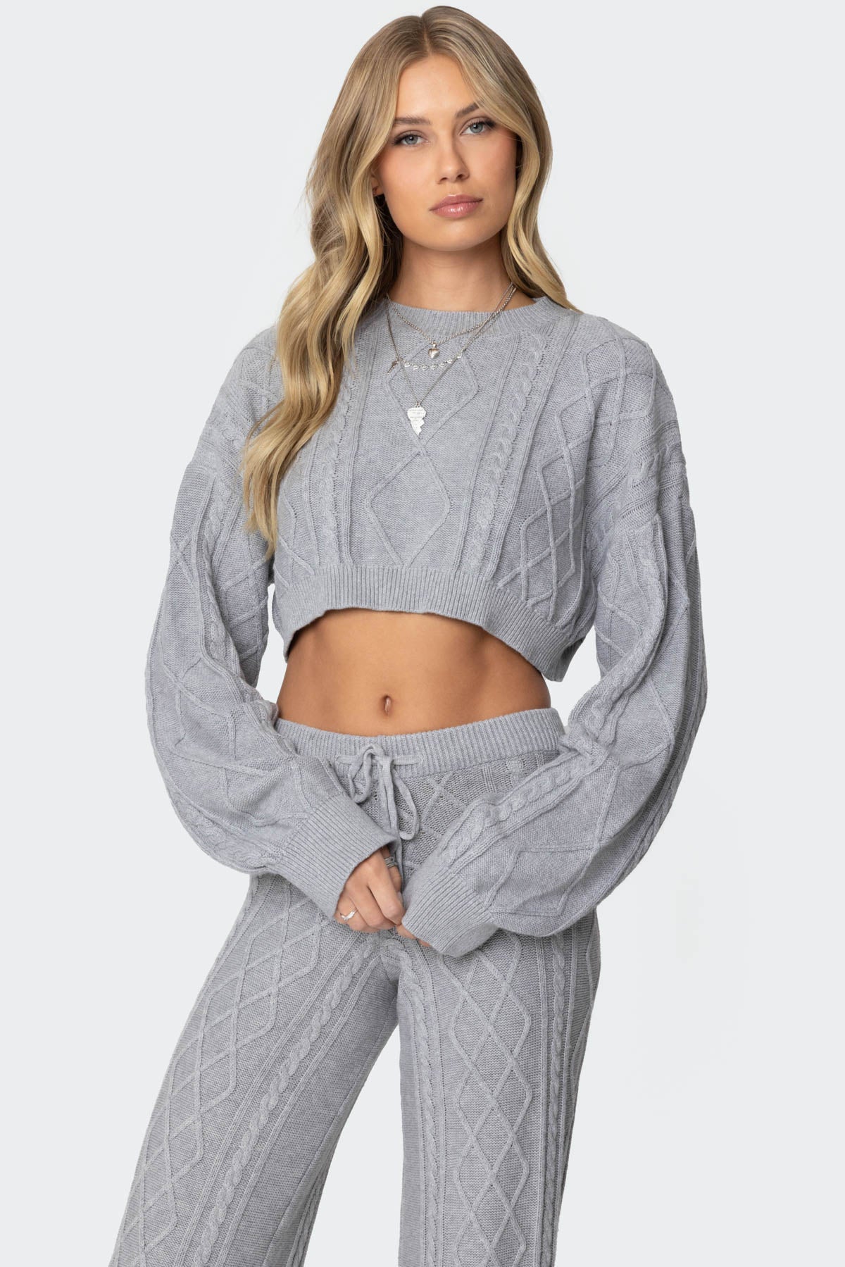 Kasey Cable Knit Cropped Sweater - GRAY MELANGE