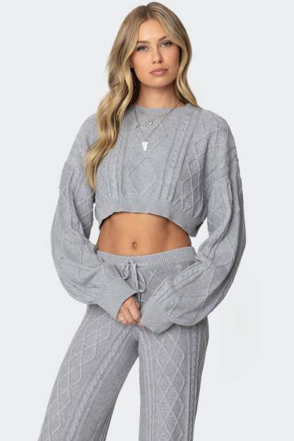 Kasey Cable Knit Cropped Sweater - GRAY MELANGE