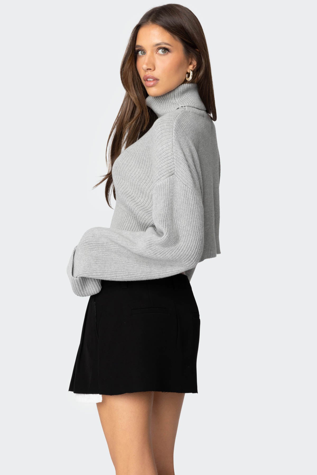 Oversized Turtle Neck Cropped Sweater - GRAY