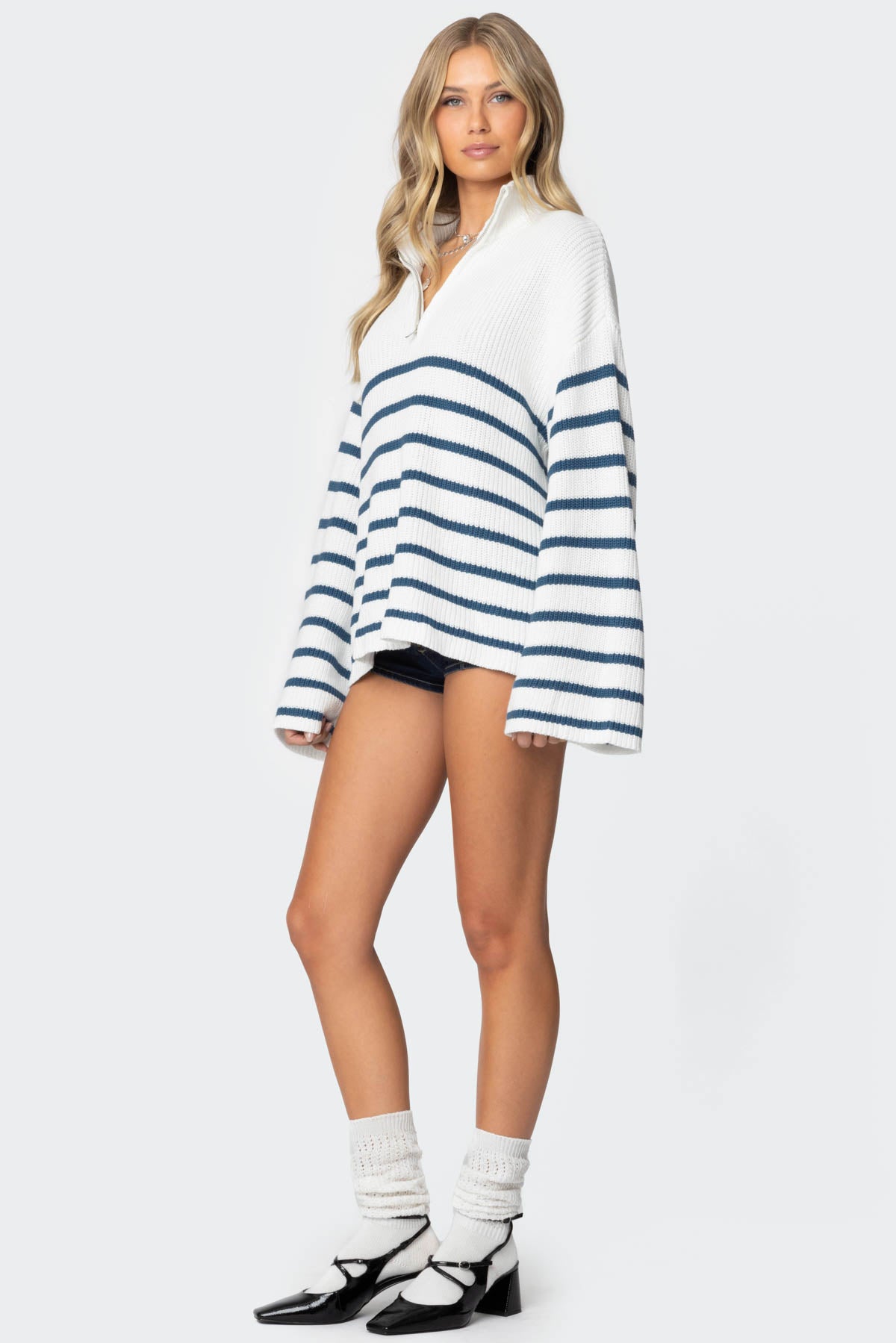 Oversized Quarter Zip Sweater - WHITE
