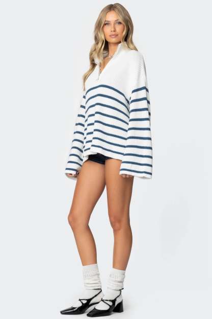 Oversized Quarter Zip Sweater - WHITE