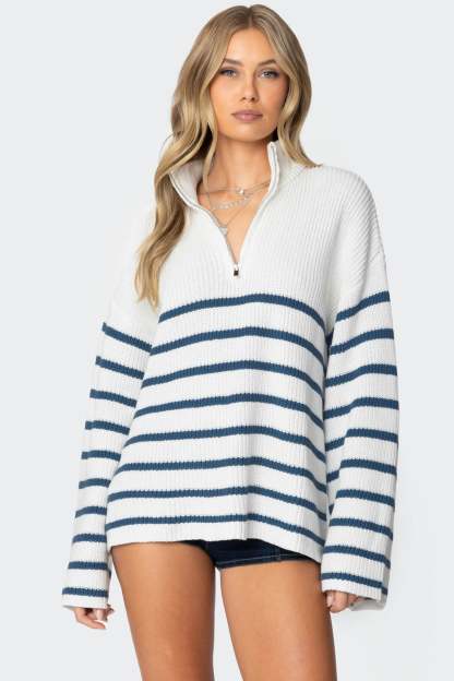 Oversized Quarter Zip Sweater - WHITE