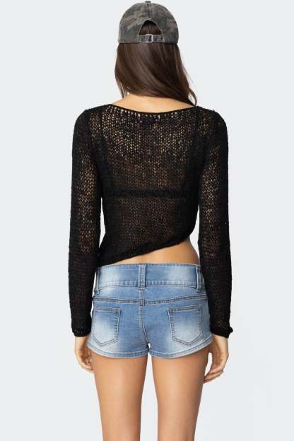 Sheer Loose Knit Asymmetric Top - BLACK