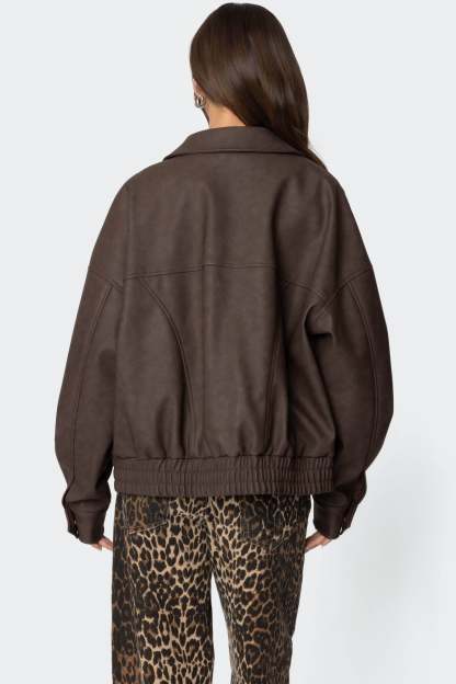 Mori Oversized Faux Leather Jacket - BROWN