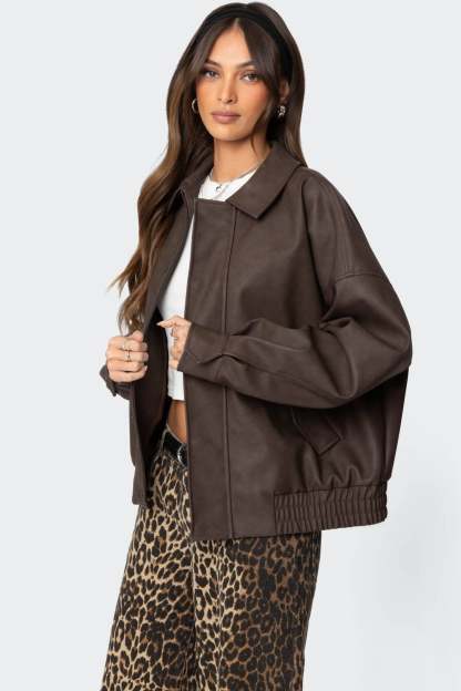 Mori Oversized Faux Leather Jacket - BROWN