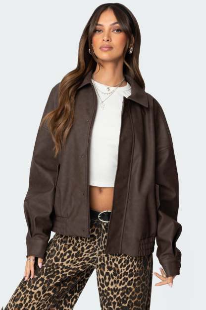 Mori Oversized Faux Leather Jacket - BROWN