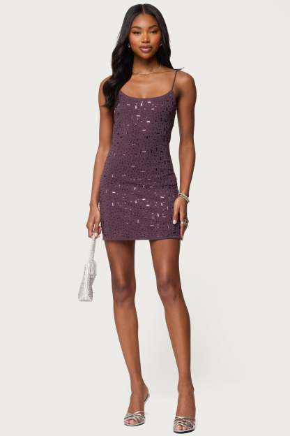 Stefanie Rhinestone Backless Mini Dress - PURPLE