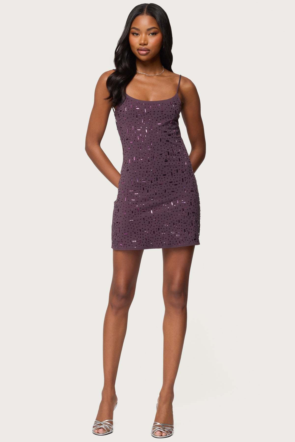 Stefanie Rhinestone Backless Mini Dress - PURPLE