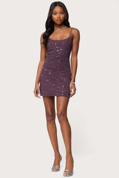 Stefanie Rhinestone Backless Mini Dress - PURPLE