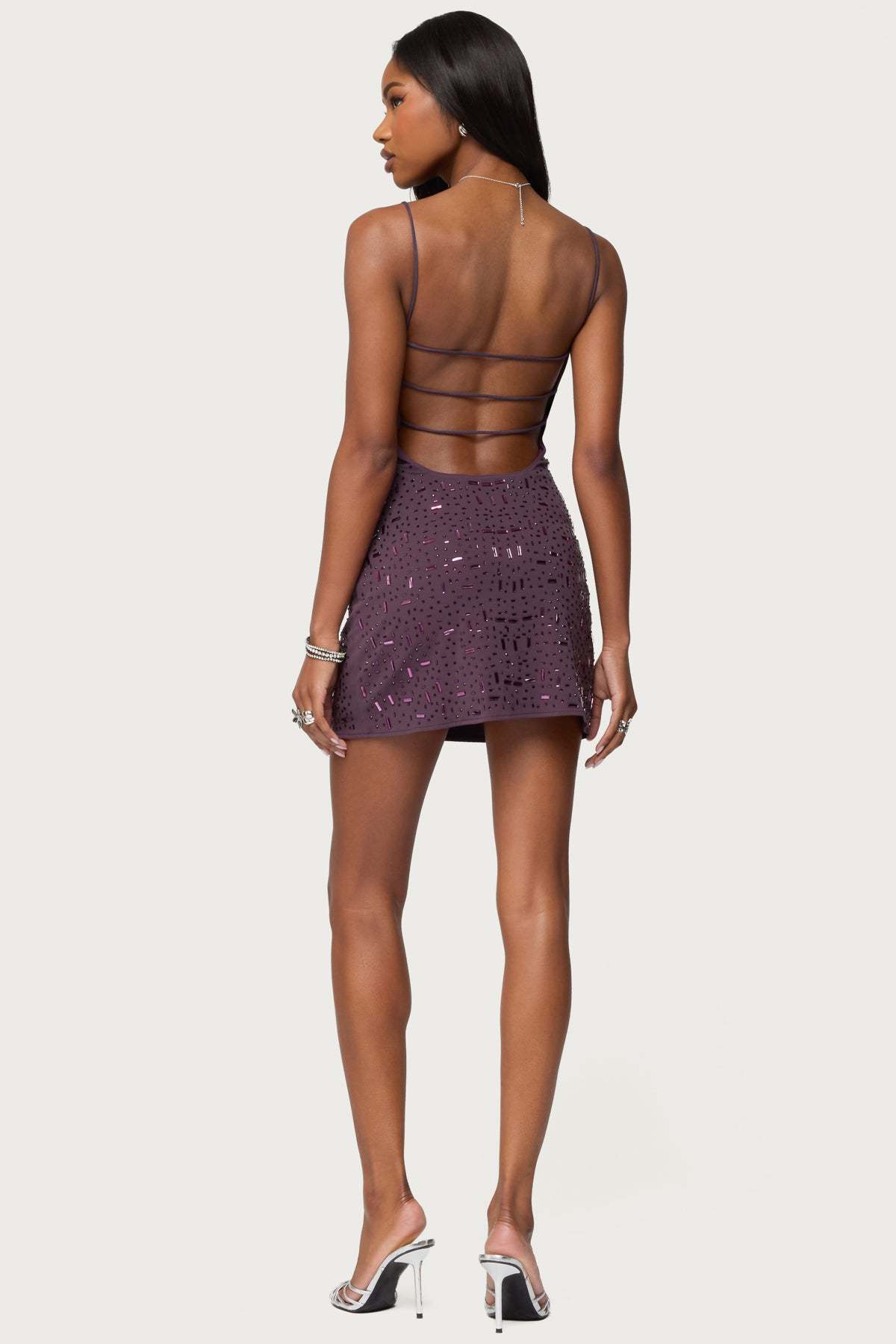 Stefanie Rhinestone Backless Mini Dress - PURPLE