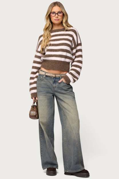 Penelope Fuzzy Striped Sweater - BROWN-AND-PINK