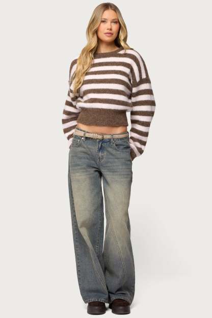 Penelope Fuzzy Striped Sweater - BROWN-AND-PINK
