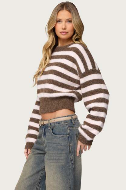 Penelope Fuzzy Striped Sweater - BROWN-AND-PINK