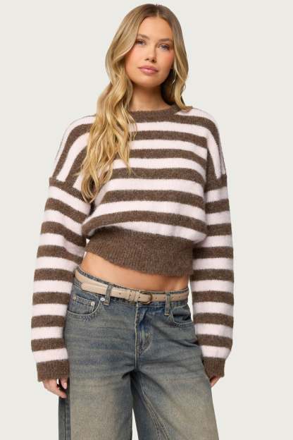Penelope Fuzzy Striped Sweater - BROWN-AND-PINK
