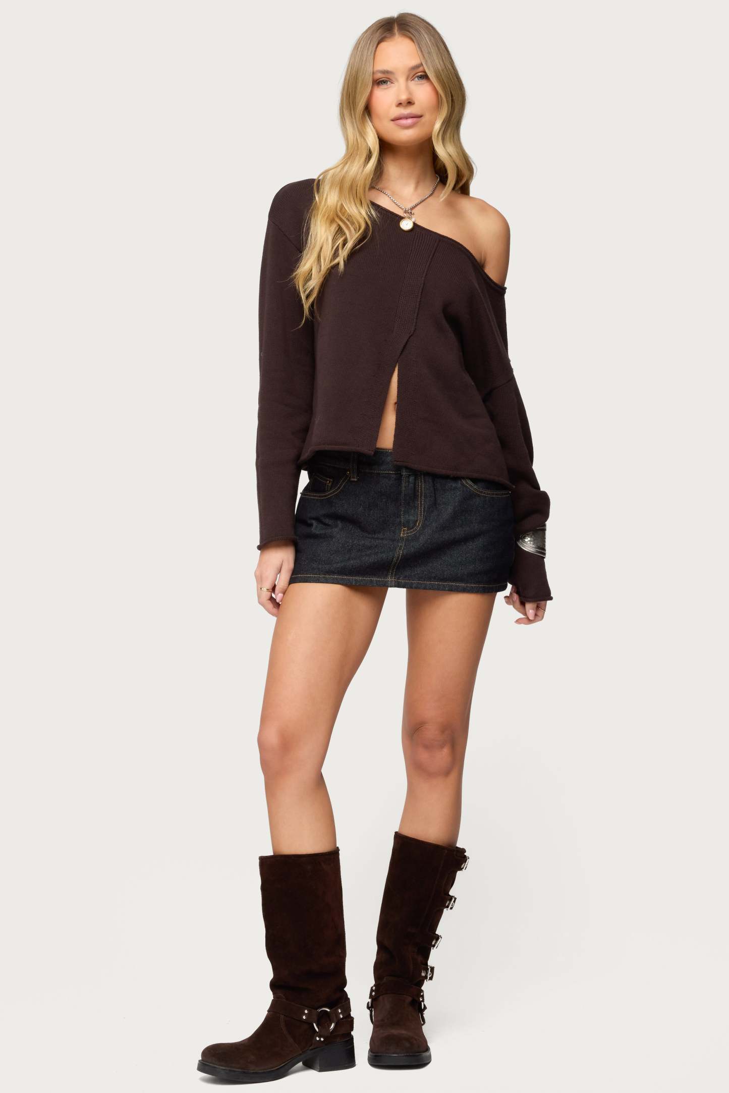 Moyra Off Shoulder Knit Top - BROWN