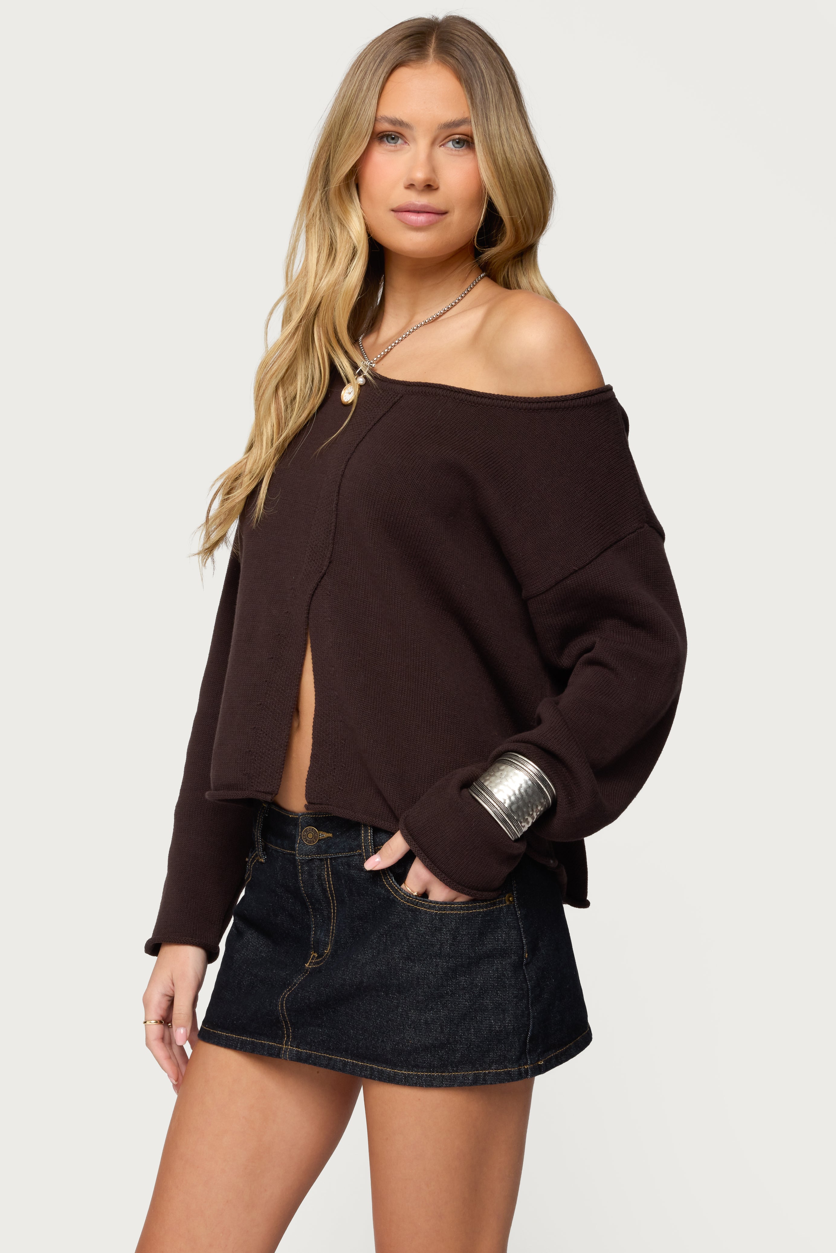 Moyra Off Shoulder Knit Top - BROWN