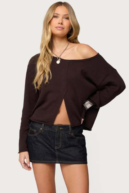 Moyra Off Shoulder Knit Top - BROWN