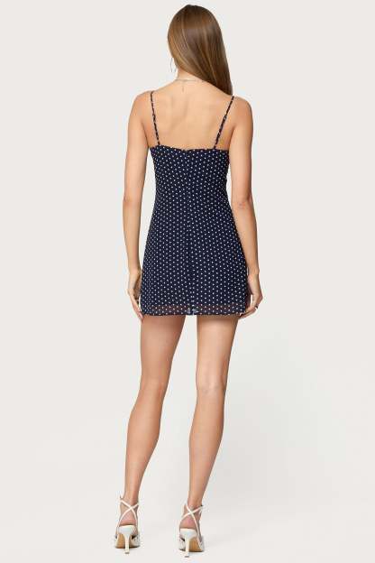 Polka Dot Cupped Chiffon Mini Dress - NAVY