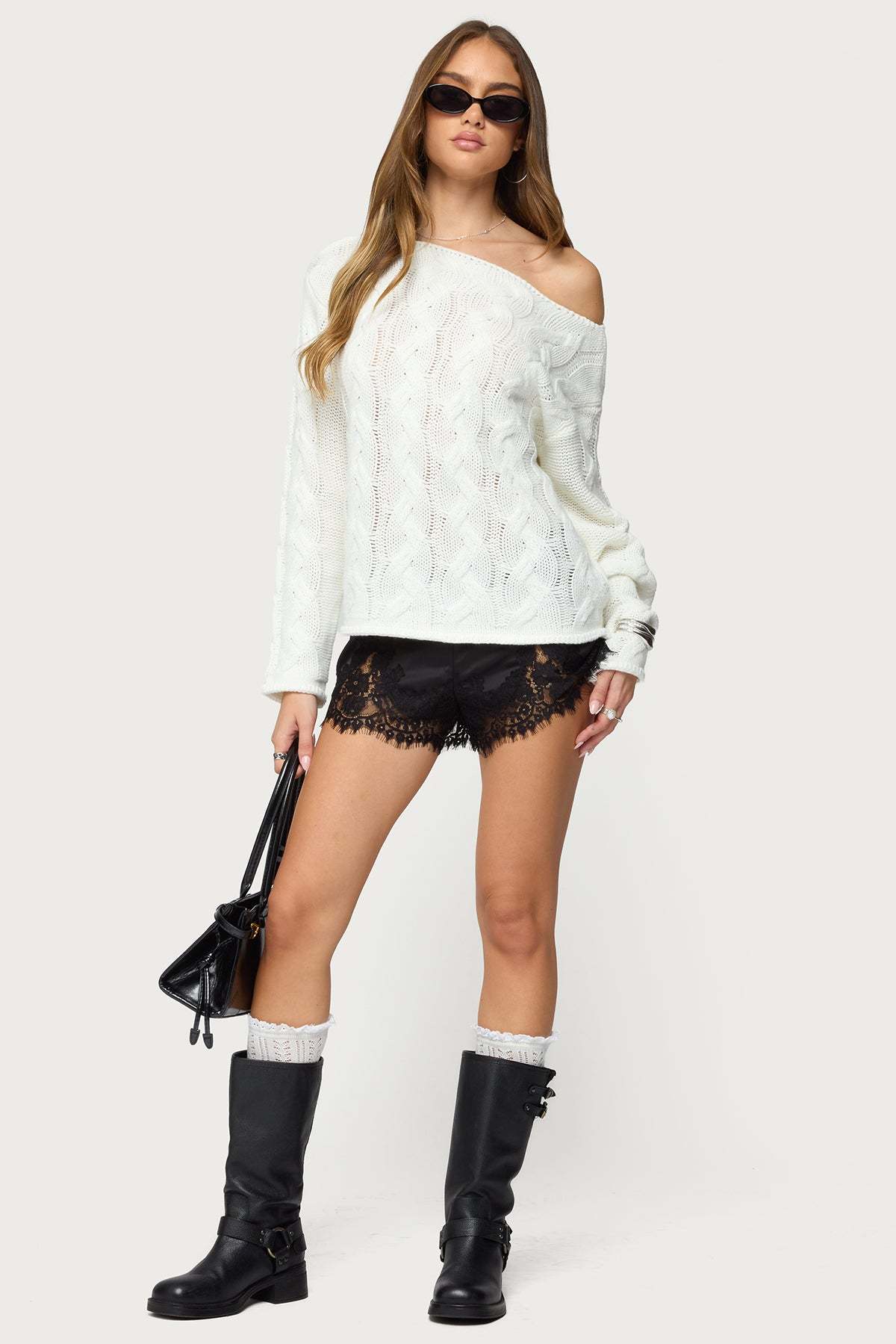 Nellie Off Shoulder Cable Knit Sweater - CREAM