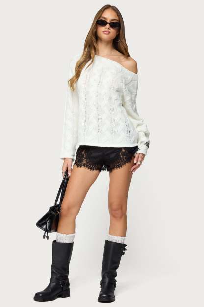 Nellie Off Shoulder Cable Knit Sweater - CREAM
