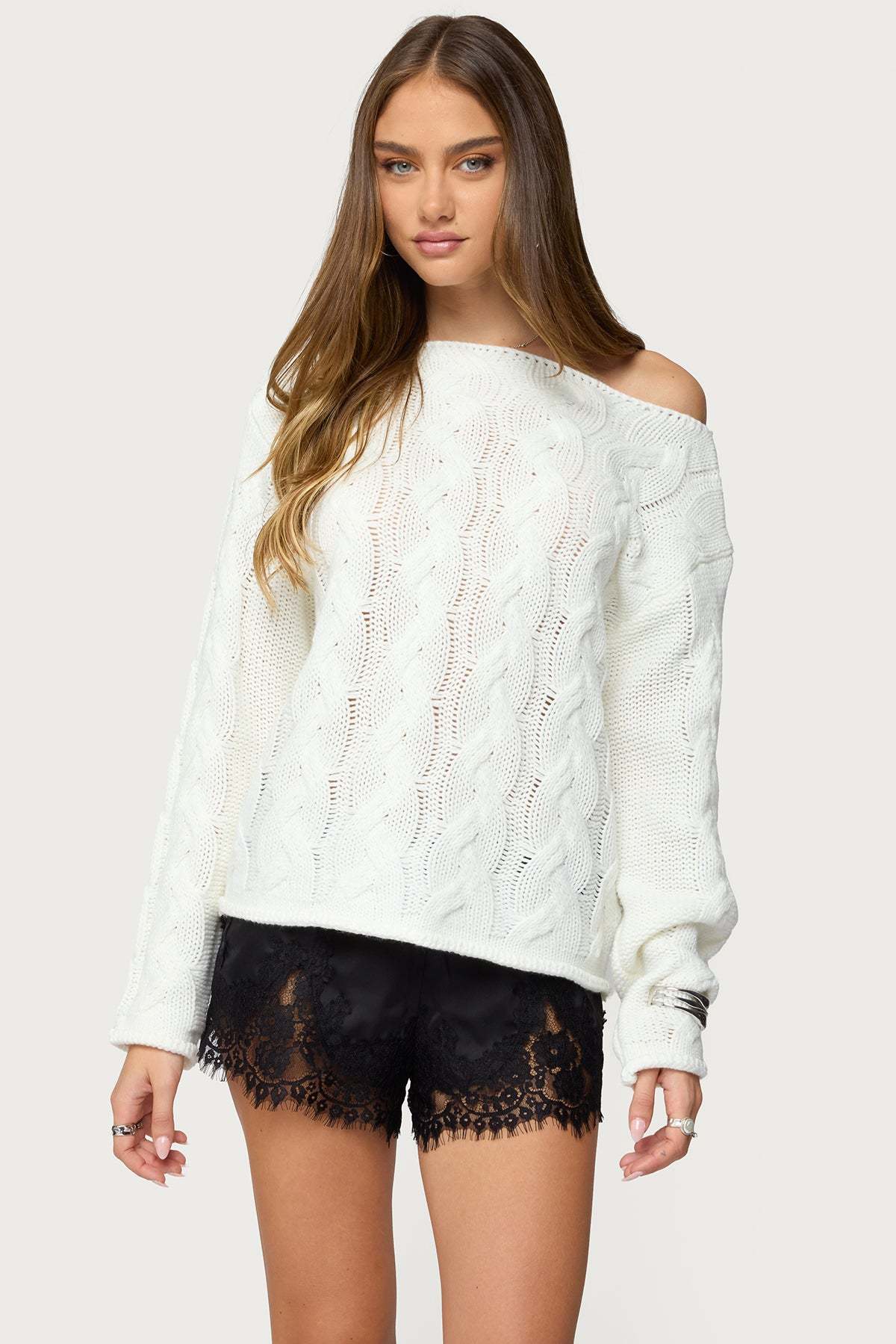 Nellie Off Shoulder Cable Knit Sweater - CREAM
