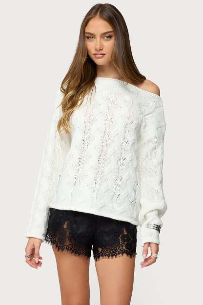 Nellie Off Shoulder Cable Knit Sweater - CREAM