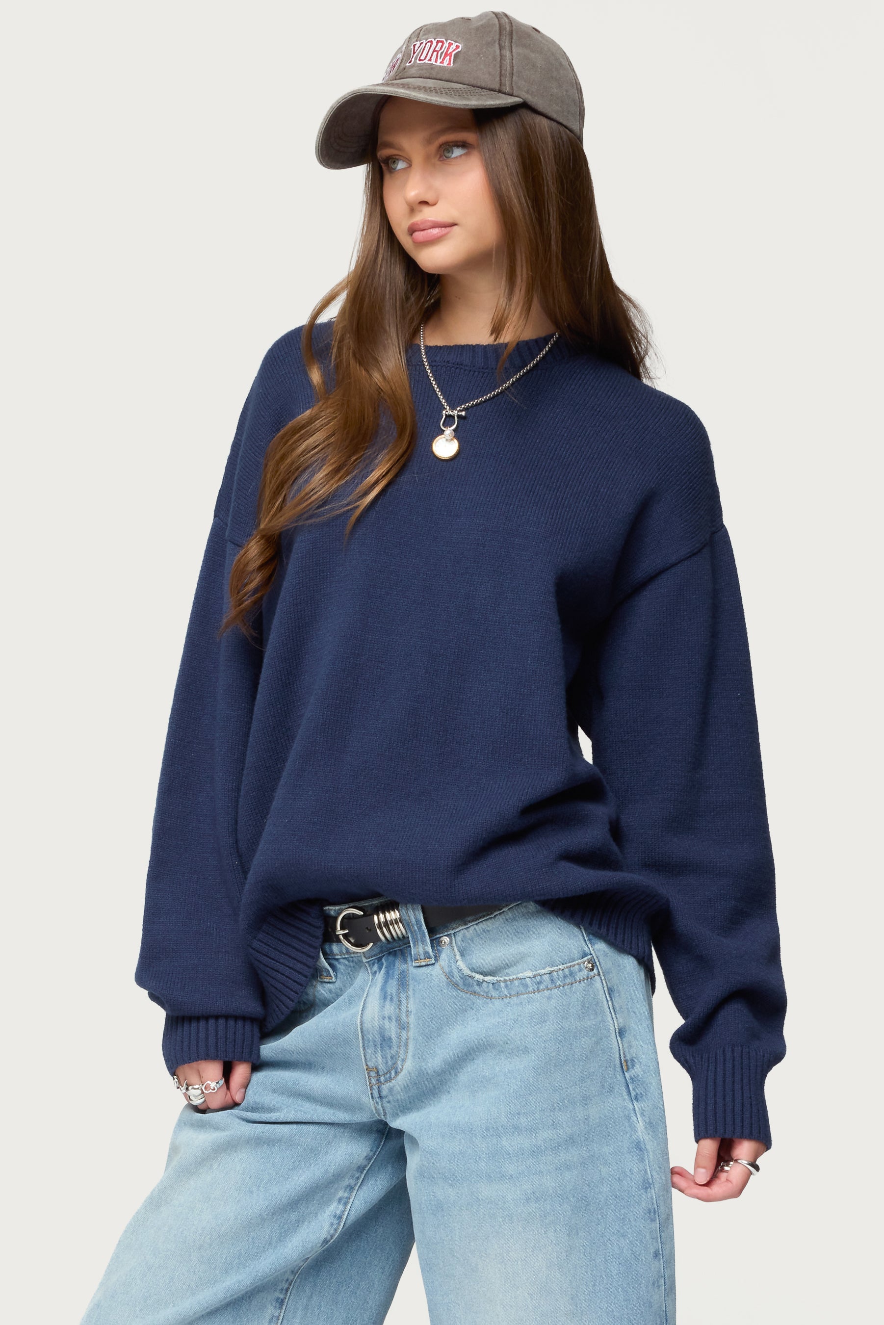 Priscila Oversized Crewneck Sweater - NAVY