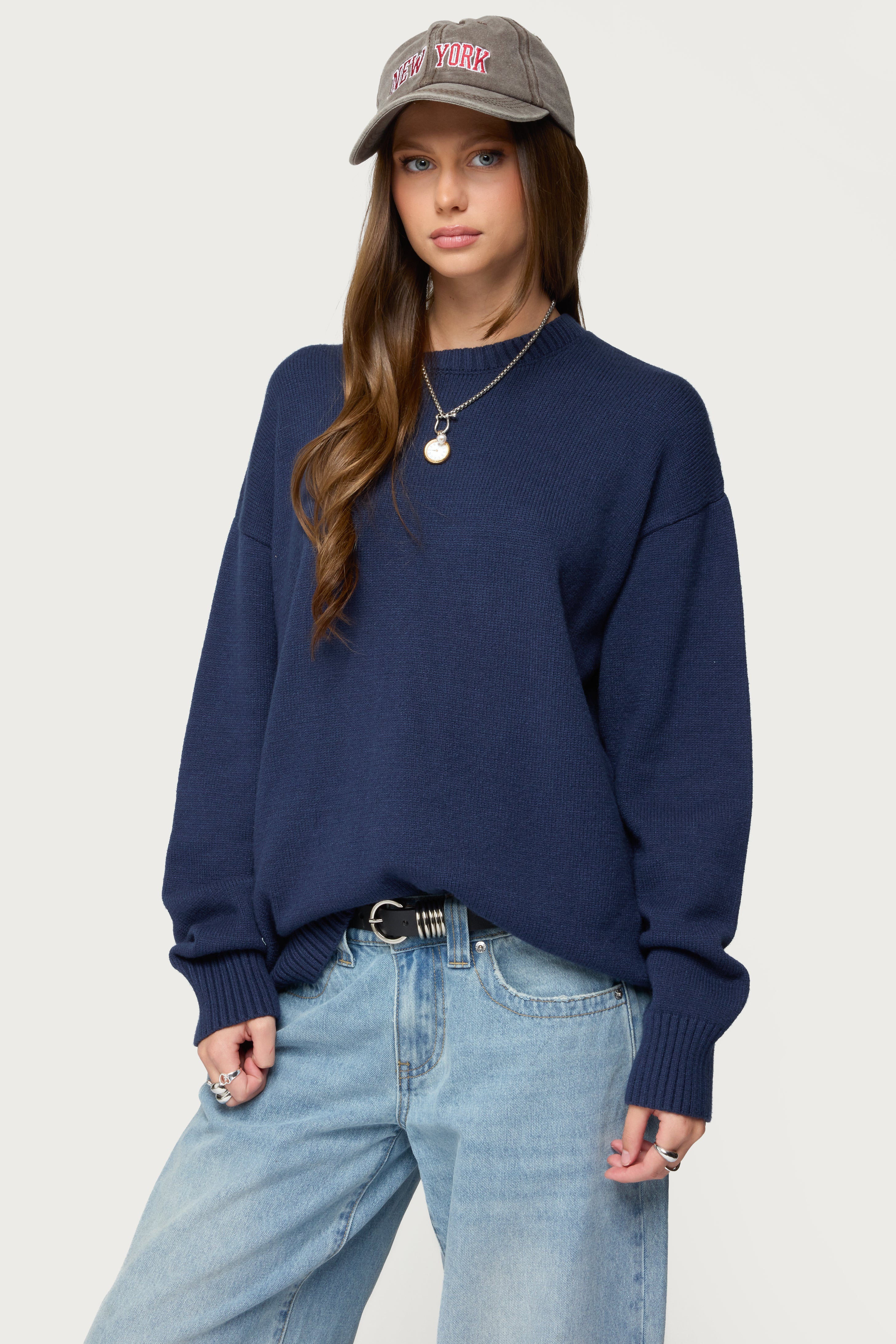 Priscila Oversized Crewneck Sweater - NAVY