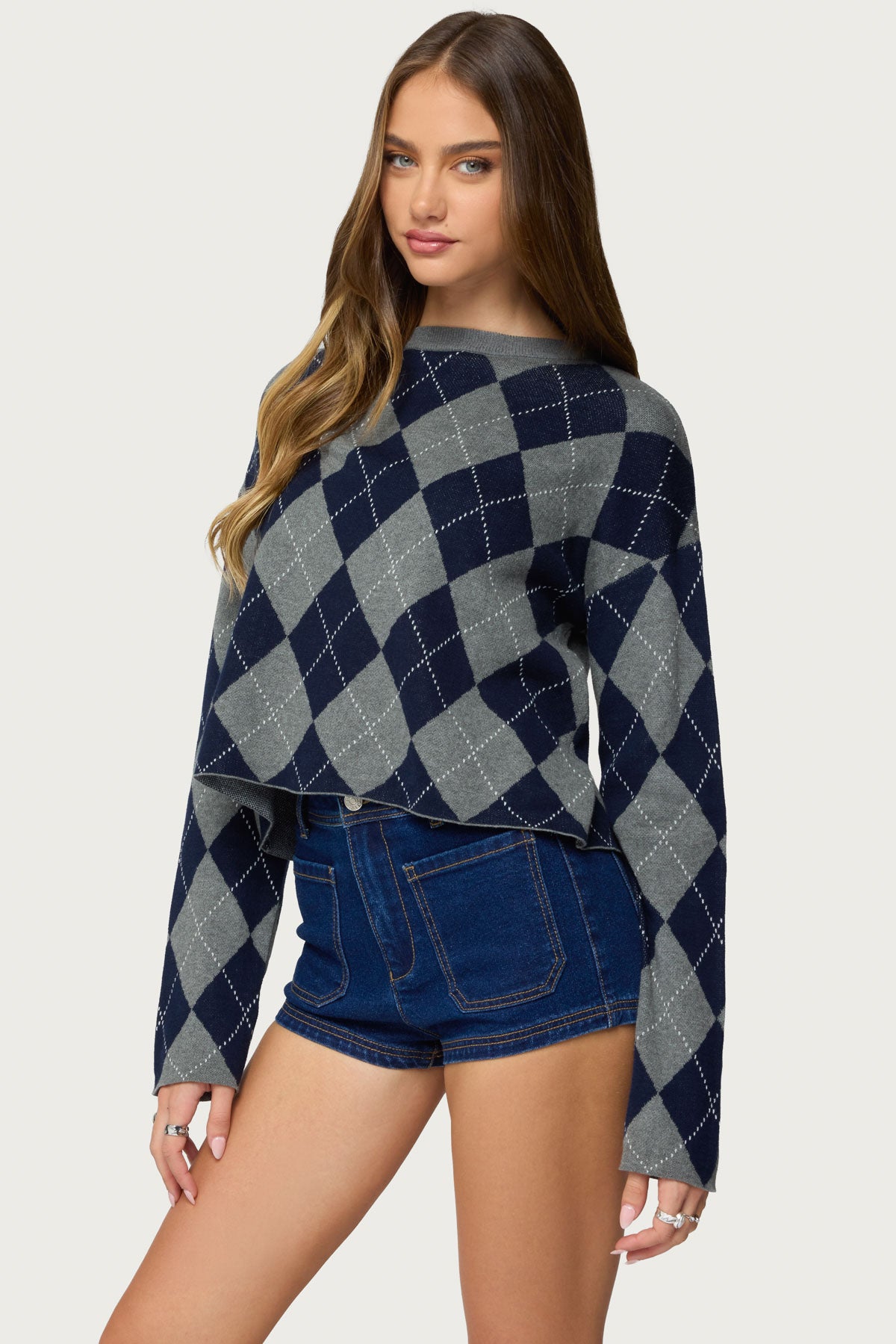 Prep Girl Argyle Knit Top - DARK-GRAY-MELANGE