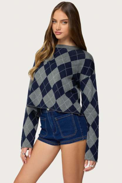 Prep Girl Argyle Knit Top - DARK-GRAY-MELANGE