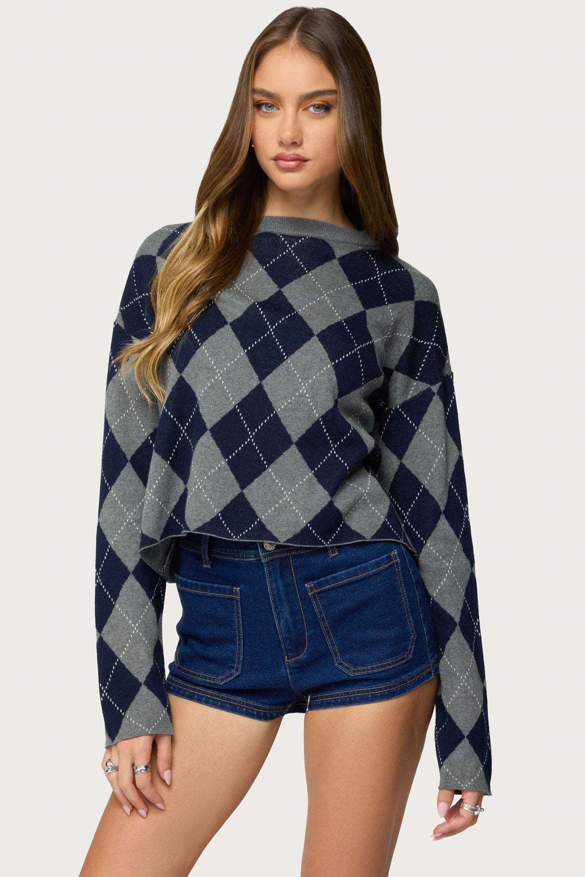 Prep Girl Argyle Knit Top - DARK-GRAY-MELANGE