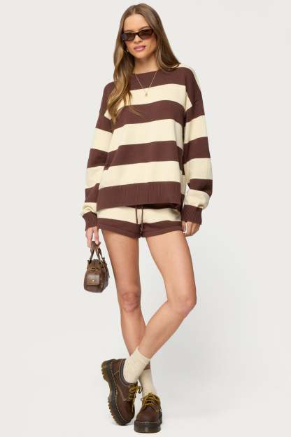 Riley Oversized Striped Sweater - BROWN-AND-BEIGE