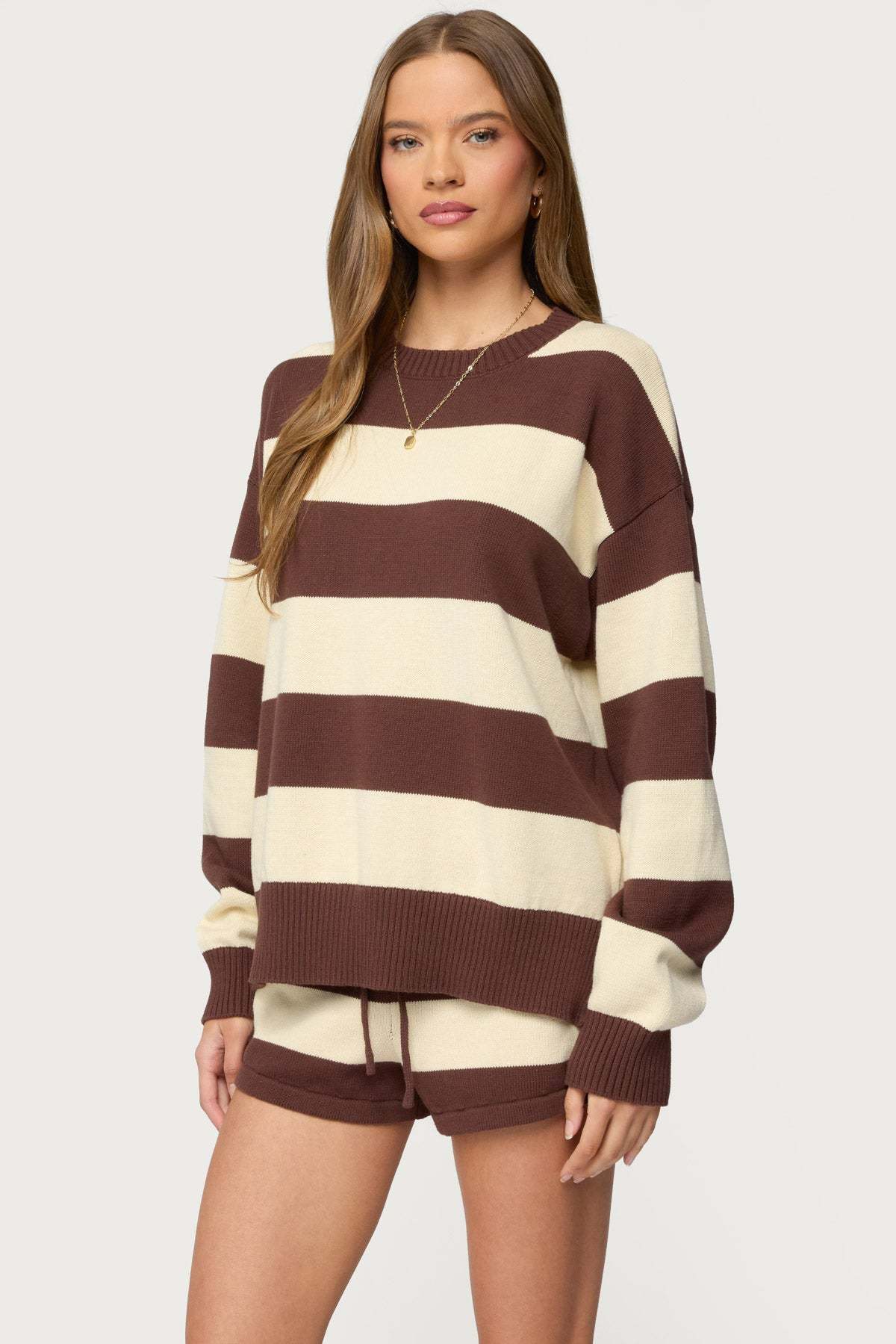 Riley Oversized Striped Sweater - BROWN-AND-BEIGE