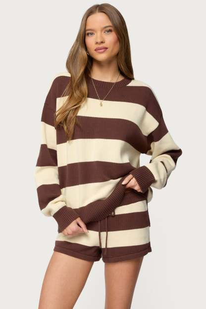 Riley Oversized Striped Sweater - BROWN-AND-BEIGE
