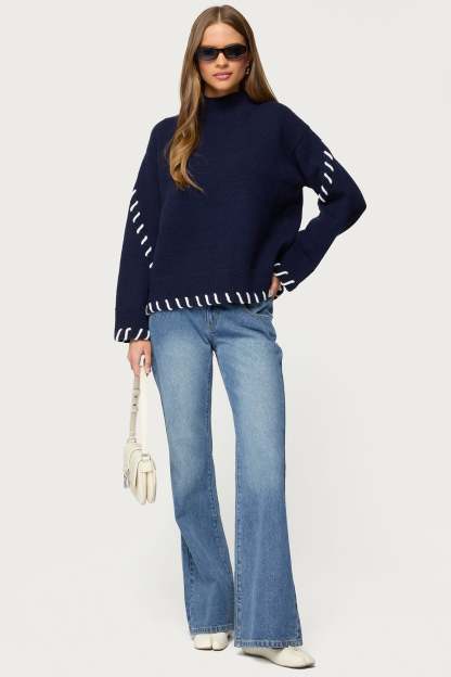 Indah Contrast Stitch Oversized Sweater - NAVY