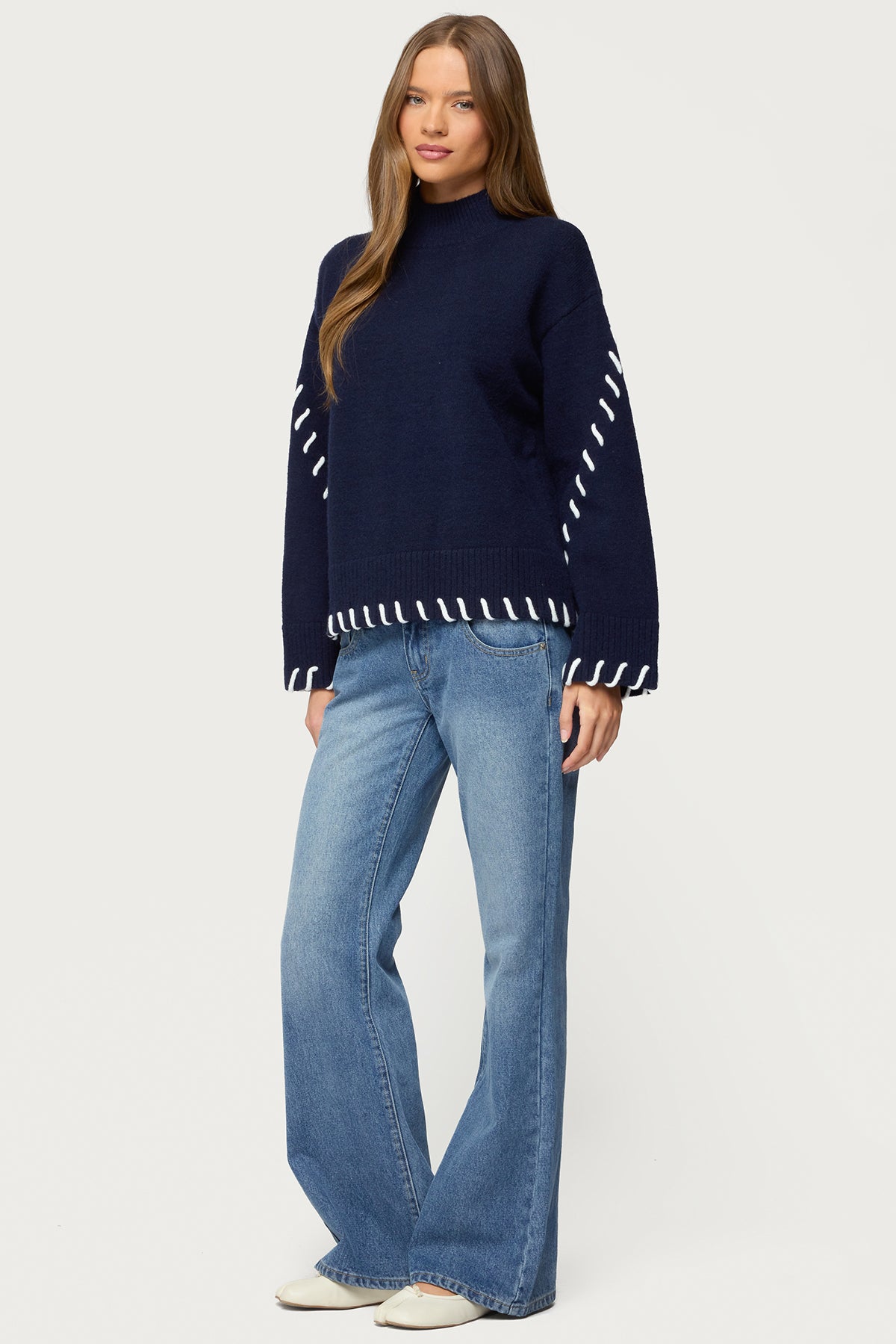 Indah Contrast Stitch Oversized Sweater - NAVY