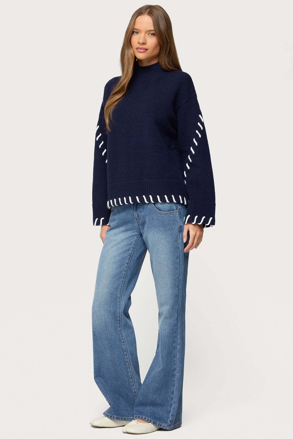 Indah Contrast Stitch Oversized Sweater - NAVY