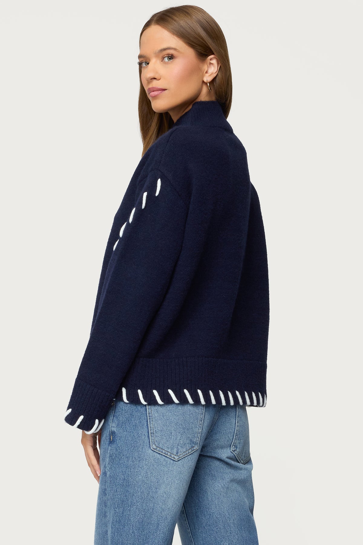 Indah Contrast Stitch Oversized Sweater - NAVY