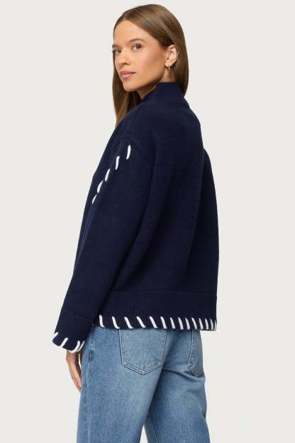 Indah Contrast Stitch Oversized Sweater - NAVY