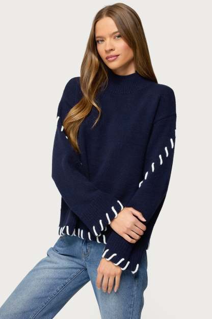 Indah Contrast Stitch Oversized Sweater - NAVY