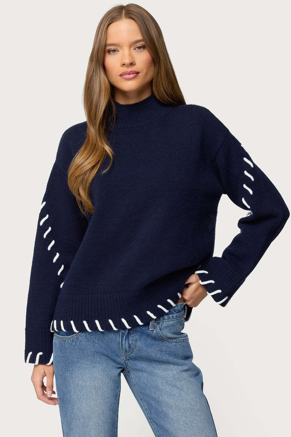 Indah Contrast Stitch Oversized Sweater - NAVY