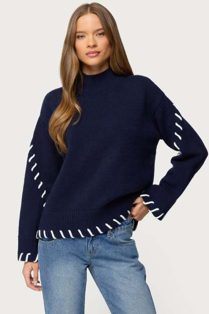 Indah Contrast Stitch Oversized Sweater - NAVY