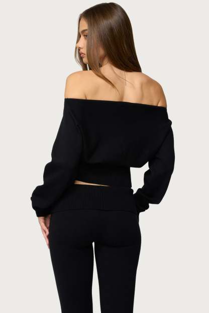 Skyla Off Shoulder Knit Sweater - BLACK
