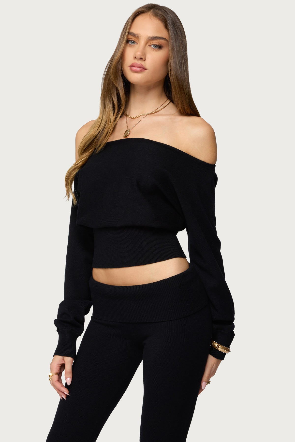 Skyla Off Shoulder Knit Sweater - BLACK