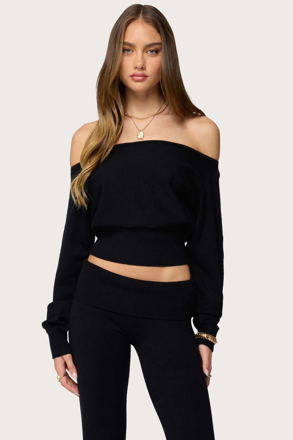 Skyla Off Shoulder Knit Sweater - BLACK